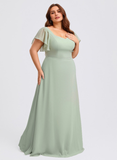 Plus Size A-line V-Neck Floor-Length Chiffon Bridesmaid Dress With Ruffle