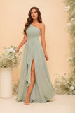 A-Line Chiffon One Shoulder Floor-Length Bridesmaid Dresses with Slit