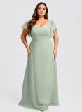 Plus Size A-line V-Neck Floor-Length Chiffon Bridesmaid Dress With Ruffle