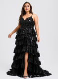 Plus Size Ball-Gown/Princess V-Neck Sweep Train Lace Prom Dresses With Sequins