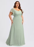 Plus Size A-line V-Neck Floor-Length Chiffon Bridesmaid Dress With Ruffle