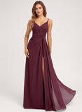 A-line V-Neck Floor-Length Chiffon Bridesmaid Dress With Ruffle