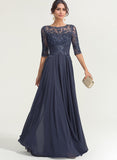 A-line Scoop Illusion Floor-Length Lace Chiffon Mother of the Bride Dress With Pleated Sequins