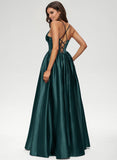 Ball-Gown/Princess V-Neck Floor-Length Satin Prom Dresses With Pleated