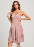 A-line V-Neck Short Mesh Homecoming Dress With Bow Pleated