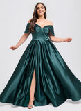 Plus Size Ball-Gown/Princess V-Neck Floor-Length Satin Prom Dresses With Pleated