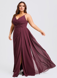 Plus Size A-line V-Neck Floor-Length Chiffon Bridesmaid Dress With Ruffle