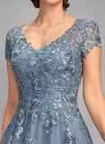V-Neck Cap Sleeve Allover Rose Lace Applique Tulle A-Line Mother of the Bride Dress