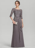 A-line Scoop Illusion Floor-Length Lace Chiffon Mother of the Bride Dress With Cascading Ruffles