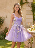 Sweetheart 3D Floral Applique Ruched Corset Bodice A-Line Tulle Mini Dress