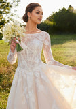 Illusion Boat neck long sleeves Wedding Gown with Back Bow