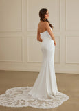 Sheath Strapless Court Train Satin Tulle Wedding Dress With Lace