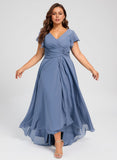 Plus Size A-line V-Neck Asymmetrical Chiffon Bridesmaid Dress With Ruffle