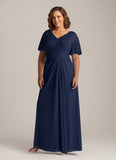 Plus Size V-Neck Flutter Sleeve Ruched Chiffon Mother of the Bride Dress