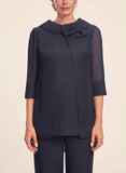 2-Piece Bow Collar 3/4 Sleeve Asymmetric Hem Chiffon Mother of the Bride Pantsuit