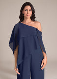 One Shoulder Draped Cape Chiffon Wide-Leg Jumpsuit for Mother of the Bride