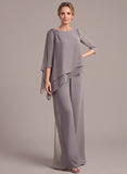 2-Piece Boat Neck 3/4 Sleeve Beaded Shoulder Asymmetric Tiered Chiffon Pantsuit