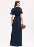 A-line V-Neck Asymmetrical Chiffon Bridesmaid Dress With Bow Pleated