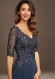 Stretch Mesh Special Occasion Dress with Beaded Metallic Lace Appliqués