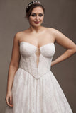 Strapless Basque-Waist A-Line Lace Wedding Gown