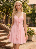 Spaghetti Strap V-Neck Bow Tie Front Ruffle Cascade Chiffon A-Line Mini Dress
