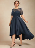 A-line Scoop Illusion Asymmetrical Satin Lace Mother of the Bride Dress