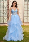 Ball Gown V Neck Sweep Train Tulle Prom Dress with Appliqued Beading Ruffles