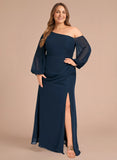 One Shoulder Lantern Sleeve Ruched Waist Side Slit Chiffon Evening Dress
