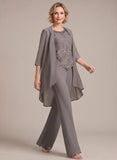 3-Piece Beaded Scoop Neck Scallop Lace Hem Sleeveless Top, 3/4 Sleeve Asymmetric Chiffon Jacket & Wide-Leg Pants Mother of the Bride Pantsuit