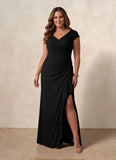 Plus Size V-Neck Cap Sleeve Crossover Ruched Jersey Sheath Mother of the Bride Dress with Side Slit