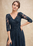 A-line V-Neck Floor-Length Tulle Lace Mother of the Bride Dress With Sequins