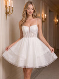 Spaghetti Strap Sweetheart Sheer Boned Corset Sequin Tulle Fit and Flare Mini Dress
