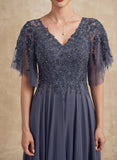 A-line V-Neck Floor-Length Chiffon Lace Mother of the Bride Dress With Sequins Beading