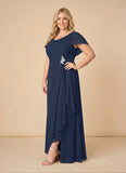 Scoop Neck Cowl Cape Sleeve Beaded Brooch Cascade Ruffle Mother of the Bride Dress with Side Slit