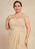 A-line V-Neck Floor-Length Lace Chiffon Mother of the Bride Dress With Cascading Ruffles