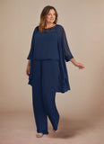 3-Piece Beaded Illusion Neck Chiffon Mother of the Bride Pant Suit with Jacket