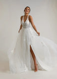 A-Line Halter Sequins Tulle Lace Wedding Dress