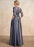 A-line Scoop Illusion Floor-Length Satin Lace Mother of the Bride Dress With Sequins Bow