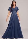 V-Neck Flutter Sleeve Sequin Floral Embroidered Chiffon A-Line Mother of the Bride Dress