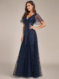 V Neck Ruffle Sleeves Sequin Maxi Long Evening Dress