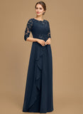 A-line Scoop Floor-Length Lace Chiffon Mother of the Bride Dress With Cascading Ruffles Sequins