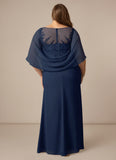 Bateau Neck Lace Applique Cape Sleeve Ruched Chiffon Mother of the Bride Dress