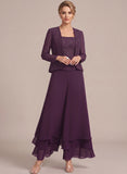 3-Piece Square Neck Beaded Floral Camisole Top, Long Sleeve Chiffon Jacket & Tiered Wide-Leg Pants Mother of the Bride Pantsuit