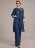3-Piece Jewel Neck Allover Sequin Lace Top, 3/4 Sleeve Sequin Trim Chiffon Mother of the Bride Pantsuit