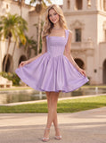 Square Neck Horizontal Ruched Corset Fit and Flare Satin Mini Dress