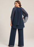 Plus Size Beaded Jewel Neck Keyhole Batwing Sleeve Asymmetric Tiered Chiffon Pantsuit