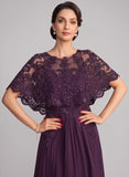 Illusion Scoop Neck Sequin Lace Cape Sleeve Ruched Waist Chiffon A-Line Mother of the Bride Dress