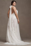 Halter Fit & Flare Beaded Lace Wedding Gown