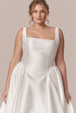 Square Neck Wide Strap Boned Corset Pockets A-Line Satin Wedding Dress with Train