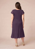 Plus Size V-Neck Flutter Sleeve Ruched Waist Chiffon Tea Length Mother of the Bride Dress